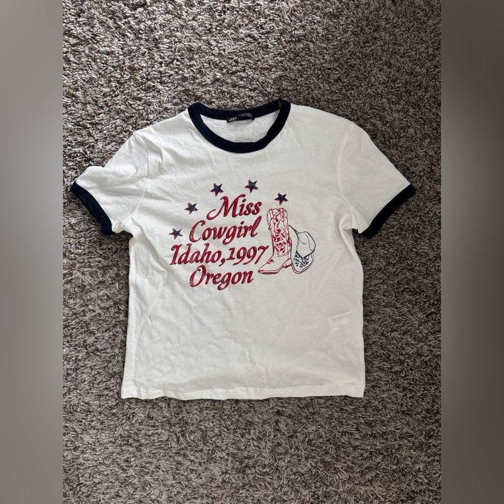 Zara White and Black Ringer Tee with Retro Graphic